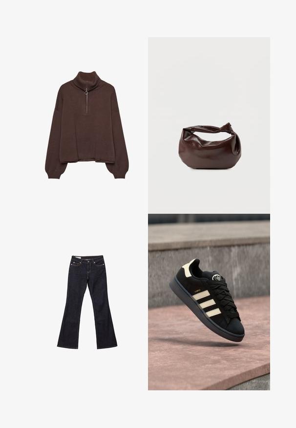 Brun pullover sweater med høj ribstrik krave, lynlås lukning, løs pasform og sænkede skuldre. Fremstillet af blødt strikmateriale.; Mørkeblå bootcut denimjeans med frontlommer, knaplukning og synlige syninger.; Sort ruskindsneakers med tre beige striber, rundt logo på tungen, flade snørebånd og en polstret sål, mærket "CAMPUS."; Mørkebrun læder skuldertaske med en blød, afslappet form og et snoet knudehåndtag på en ensartet hvid baggrund.