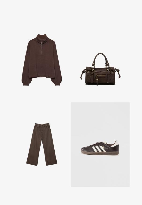 Brun pullover sweater med høj ribstrik krave, lynlås lukning, løs pasform og sænkede skuldre. Fremstillet af blødt strikmateriale.; Bredde ben brune denim bukser med et klassisk fem-lomme design, der har en knaplukning og en glat overflade.; Mørkebrune lædersneakers med hvidt tre-stribet design, en gummisål og "Samba" i gyldne bogstaver på siden. Klassisk lavtopform.; Mørkebrun læderhåndtaske med dobbelte håndtag, forreste lynlåslomme, dekorative spænder og sideknuder på hvid baggrund.