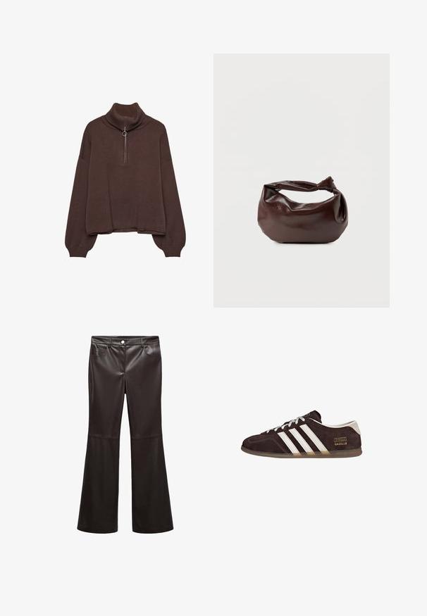 Brun pullover sweater med høj ribstrik krave, lynlås lukning, løs pasform og sænkede skuldre. Fremstillet af blødt strikmateriale.; Sorte flare bukser lavet af glat kunstlæder, med forlommer, lynlås og en sølvknap. Desuden detaljeret syning.; Brune ruskindssneakers med tre hvide striber, gummisål og tekstlabel med ordene "Gazelle" i guld. Snørebåndsdesign med grå snørebånd.; Mørkebrun læder skuldertaske med en blød, afslappet form og et snoet knudehåndtag på en ensartet hvid baggrund.