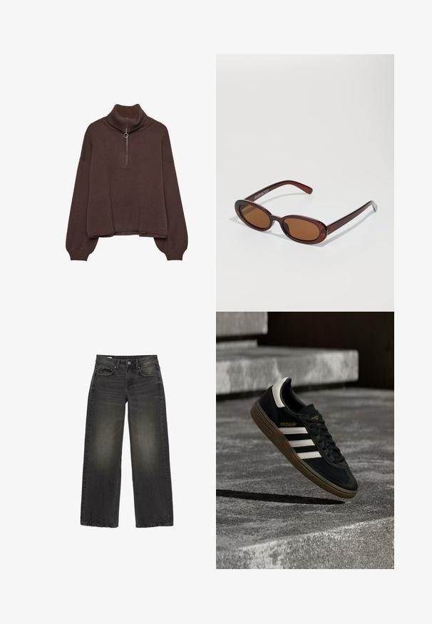 Brun pullover sweater med høj ribstrik krave, lynlås lukning, løs pasform og sænkede skuldre. Fremstillet af blødt strikmateriale.; Sorte vidde jeans lavet af denim med en falmet finish. Har fem lommer, en frontlynlås og en knaplukning. Detaljeret stikning som accent.; Sort Adidas-sneaker med hvide striber og gummisåler, svævende over grå betontrapper i naturligt lys.; Runde, bruntonede solbriller med en glansfuld bordeauxramme. Slanke arme med diskret brandingdetalje. Flad linsedesign.