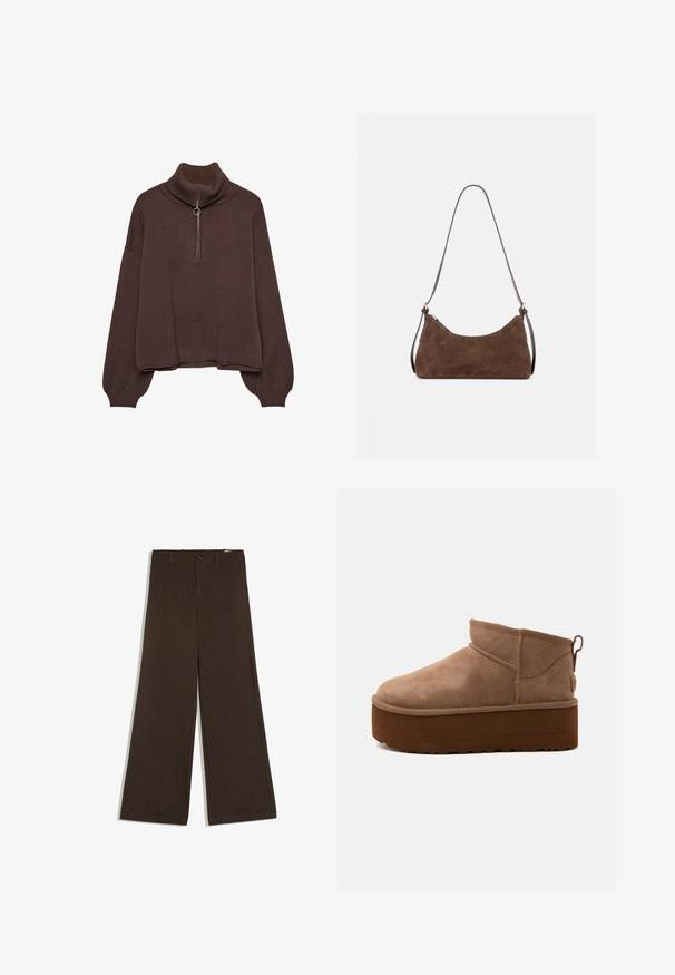 Pull en maille marron avec col haut à côtes, fermeture éclair, coupe ample et épaules descendues. Fabriqué en matériau tricoté doux.; Pantalon marron à jambes larges avec fines rayures verticales, fermeture par boutons et passants de ceinture sur fond blanc.; Bottine marron en daim de hauteur moyenne, style slip-on, avec une semelle épaisse compensée et un onglet à l’arrière sur fond clair.; Sac à épaule en daim marron avec une fermeture éclair incurvée en haut et une fine bandoulière réglable, présenté sur un fond clair uni.
