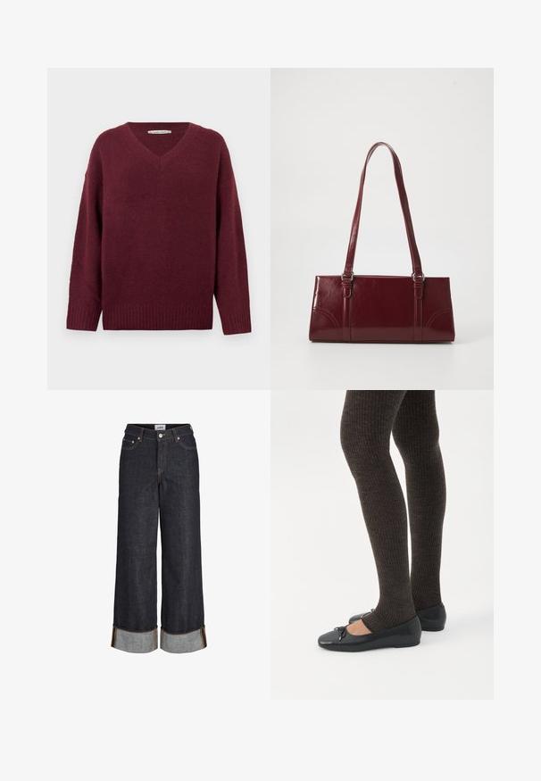 Pull col en V bordeaux en matière douce et texturée, avec manches larges et ourlet côtelé. Design simple et classique sans ornements.; Jean large bleu foncé avec ourlets retroussés, cinq poches et surpiqûres contrastantes jaunes.; Jambes portant des leggings côtelés foncés associés à des ballerines noires avec de petits détails en nœud sur fond blanc.; Sac à main bordeaux en matériau brillant, de forme rectangulaire, avec deux anses et des accents légèrement courbés à l'avant.
