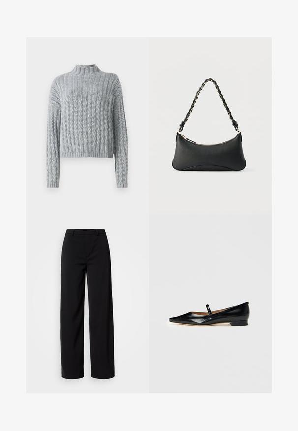 Lys grå chunky strikket sweater med ribbet mønster, høj hals, lange ærmer og en lidt cropped pasform.; Sorte brede bukser lavet af glat stof, med et klassisk talje bånd og en skræddersyet silhuet med frontlommer.; Sorte patenterede læder Mary Jane flade sko med spids tå, én rem og lav hæl på ensfarvet baggrund.; Sort skuldertaske i læder med en buet rektangulær form, gyldent kæde vævet ind i en flettet sort rem og toplynlås.