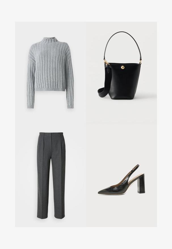 Pull en tricot épais gris clair avec un motif en côtes, col montant, manches longues et une coupe légèrement cropped.; Pantalons gris sur mesure en tissu texturé. Présentent une taille haute, des plis avant et des jambes larges avec une coupe droite.; Chaussure slingback en cuir noir à bout pointu avec un talon bloc haut et une doublure intérieure beige sur un fond clair uni.; Sac seau en cuir noir avec une courte poignée et une large bandoulière en tissu amovible, avec un petit emblème rond doré sur le devant.