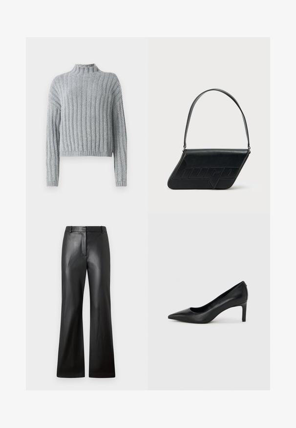 Pull en tricot épais gris clair avec un motif en côtes, col montant, manches longues et une coupe légèrement cropped.; Pantalons en cuir noir avec une texture lisse, design à jambes larges et une taille mi-haute dotée de passants de ceinture et de poches avant.; Escarpin à bout pointu en cuir noir avec un talon fin de hauteur moyenne sur un fond gris clair uni.; Sac d'épaule en cuir noir de forme triangulaire, avec un logo embossé et une seule bandoulière réglable. Design minimaliste avec une texture lisse.