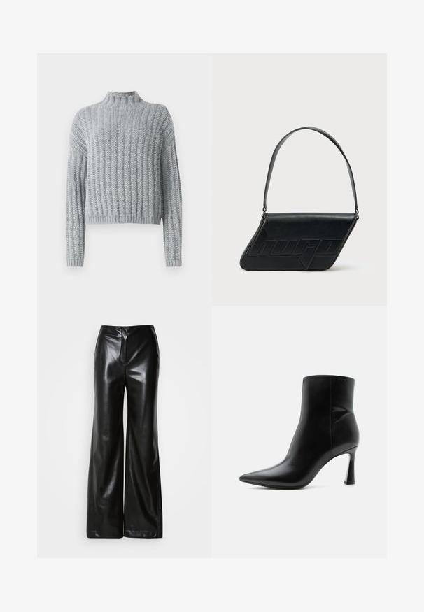 Lys grå chunky strikket sweater med ribbet mønster, høj hals, lange ærmer og en lidt cropped pasform.; Sorte læder bukser med bred ben, glat tekstur, høj talje og skjult lynlås foran. Skræddersyet pasform med en ren finish.; Sort læderankelstøvle med spids tå og slank, høj stilet hæl, vist i sideprofil på hvid baggrund.; Sort skuldertaske i læder med trekantet form, præget logo og en enkelt justerbar rem. Minimalistisk design med glat tekstur.