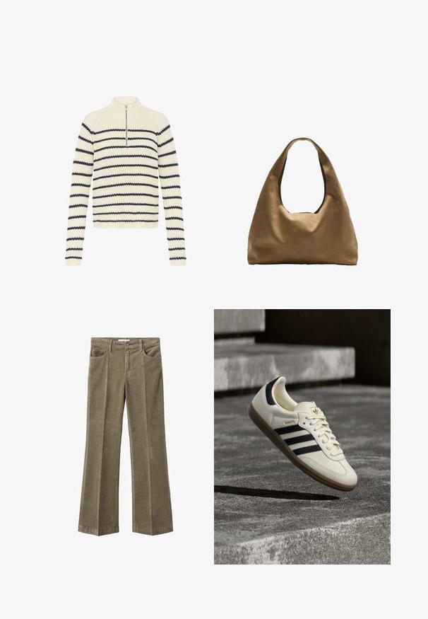 Pull en tricot crème avec des rayures bleu marine, doté d'un col zippé mi-hauteur, de manches longues et d'un motif texturé sur l'ensemble.; Pantalon large en velours côtelé vert olive à taille haute, doté de cinq poches et d'une coupe droite. Tissu texturé avec nervures visibles.; Baskets blanches Adidas Samba avec des bandes noires et une semelle en gomme, flottant au-dessus de marches en béton gris texturé.; Sac à épaule en tissu marron avec un corps large et arrondi et une grande poignée découpée. Texture douce, design minimaliste et aucun matériel visible.