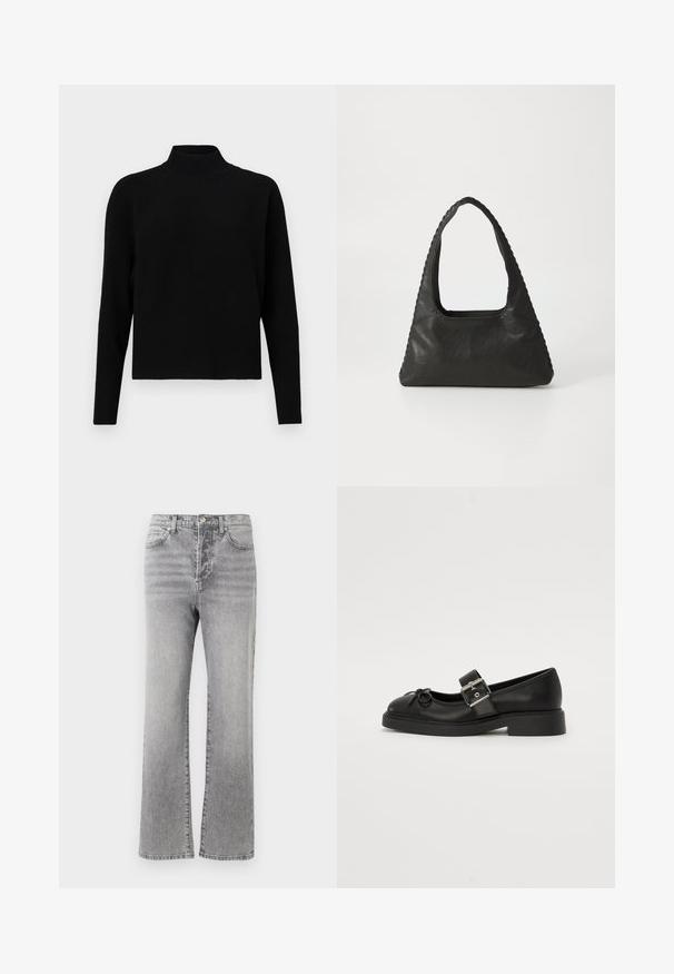 JDY Knitted JDYPRIME Knitted - Pullover - black; Jean en denim gris avec une coupe droite, taille mi-haute, cinq poches, et un léger dégradé pour donner de la texture. Détails en métal pour le bouton et les coutures.; Chaussure Mary Jane en cuir noir avec un bout arrondi, une sangle à la cheville et des détails en boucle argentée. Présente une semelle plate et épaisse ainsi qu'un accent en nœud.; Sac à main en cuir noir de forme triangulaire, avec une grande poignée découpée et des coutures détaillées le long des bords. Texture lisse.