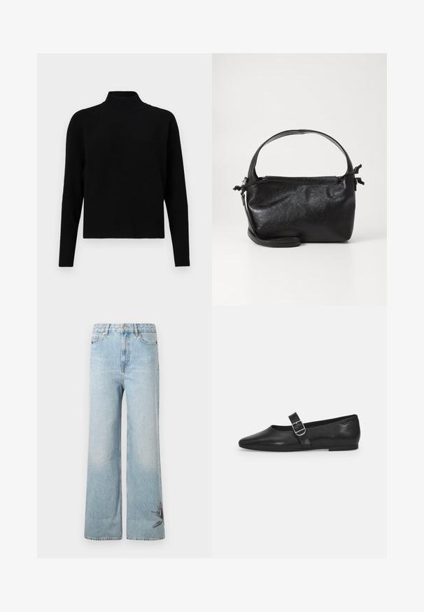 JDY Knitted JDYPRIME Knitted - Svetrík - black; Svetlomodré džínsové nohavice s širokým strihom, vyrobené z denimu, s vyblednutou textúrou a kvetinovou výšivkou na dolnej ľavej nohe.; Čierna kožená plochá obuv s okrúhlym nosom, jedným nastaviteľným pásikom so sponou a hladkým, lesklým povrchom. Minimalistický dizajn s nízkym podpätkom.; Čierna kožená kabelka so štruktúrovaným dizajnom, okrúhlym horným uchom a odnímateľným ramenným popruhom. Má hladkú textúru a jemný lesk.