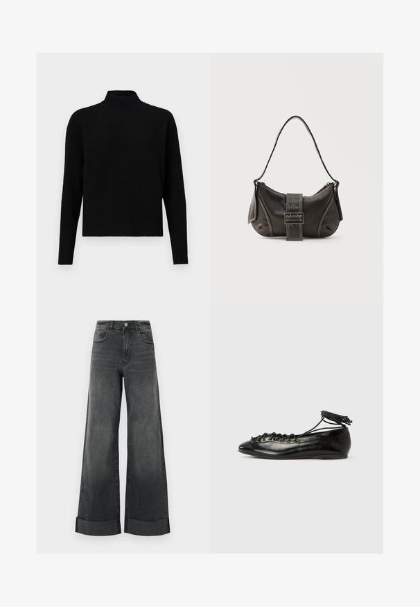 JDY Knitted JDYPRIME Knitted - Trui - black; Zwarte high-waisted wijde jeans met opgerolde zoom, een knop aan de voorkant en zakken, gepresenteerd tegen een effen lichte achtergrond.; Zwarte ballerina's van lakleer met een afgeronde neus, veterdesign en een platte zool. Glad oppervlak met minimale details.; Zwarte leren schoudertas met gespsluiting aan de riem, afgeronde hoeken en contrasterende witte stiksels op een effen achtergrond.