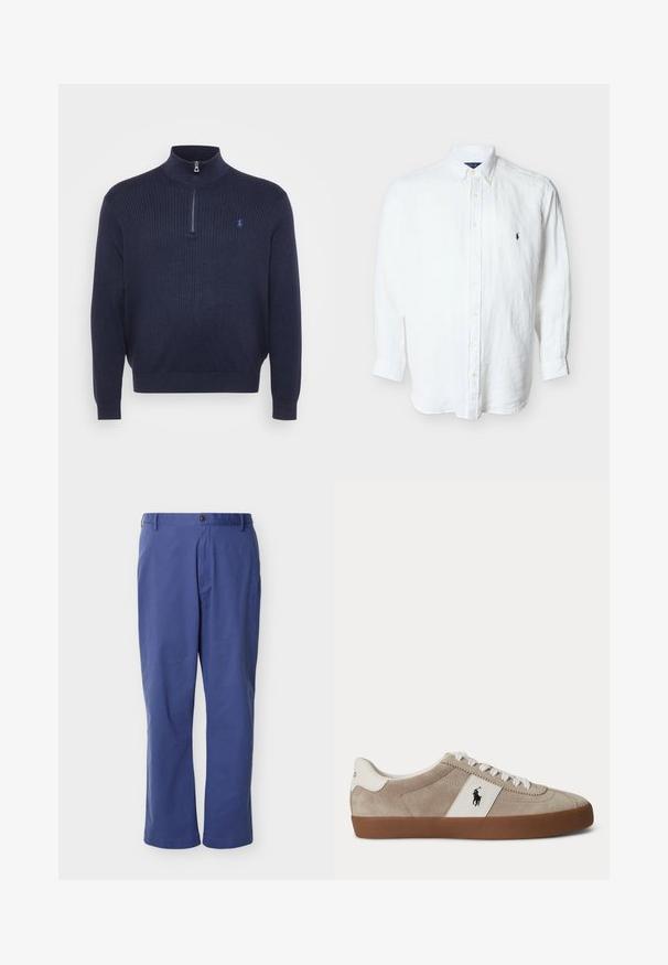 Mørkeblå ribstrikket sweater med høj krave og halv lynlås, prydet med et lille broderet logo på venstre bryst. Blød tekstur.; Hvid skjorte med lange ærmer med knapper, krave og lille blåt broderet logo på venstre bryst.; Blå straight-leg bukser med bæltestropper, knaplukning foran og lynlås, vist mod en ensfarvet lys grå baggrund.; Beige ruskind lav-top sneaker med hvide snørebånd, hvid læder accent med sort hest logo og brun gummisål.