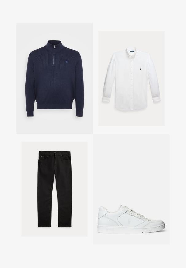 Mørkeblå ribstrikket sweater med høj krave og halv lynlås, prydet med et lille broderet logo på venstre bryst. Blød tekstur.; Hvid skjorte med lange ærmer, knapper foran, krave og lille mørkeblå Polo Ralph Lauren logo broderet på brystet.; Sorte denim jeans med lige ben, fem-lomme design og subtil tekstur. Metalknap og lynlås lukning.; Hvide lædersneakers med en glat tekstur, der har en perforeret tå, snørebåndslukning og broderet logo på siden. Hvid gummisål.