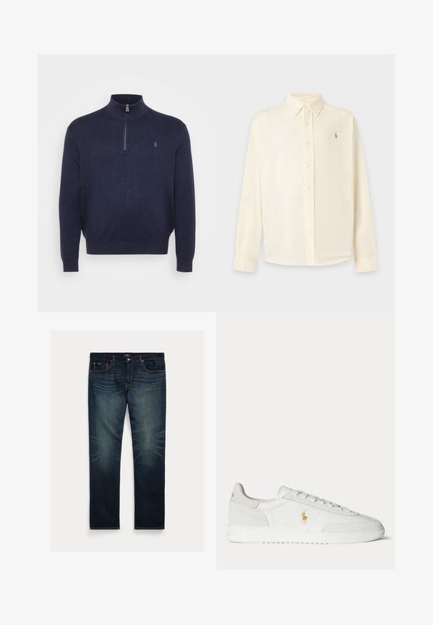 Mørkeblå ribstrikket sweater med høj krave og halv lynlås, prydet med et lille broderet logo på venstre bryst. Blød tekstur.; Langærmet cremefarvet skjorte med knapper, spids krave og lille broderet logo på venstre bryst.; Mørkeblå denimjeans med lige ben, subtil falmning nær knæene og orange syninger på lommer og sømme.; Hvid lavtop sneaker med snøredesign, guldfarvet Polo Ralph Lauren-logo på siden og tekstureret sål på en ensfarvet baggrund.