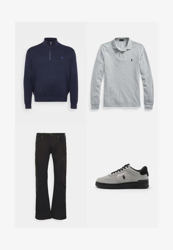 Mørkeblå ribstrikket sweater med høj krave og halv lynlås, prydet med et lille broderet logo på venstre bryst. Blød tekstur.; Grå langærmet polo i blødt stof med klassisk krave, tre knapper og et lille navy logo på venstre bryst.; Sorte buksestil jeans lavet af denim, med knaplukning, femlomme-design og en glat tekstur med en let glans.; Grå ruskinds-sneakers med sorte detaljer, der har et tekstureret stofpanel på siden, rund tå og sort gummisål. Logo broderet på siden.