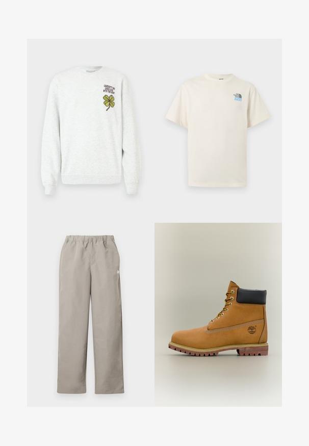 Sweat-shirt gris en tissu texturé, doté d'un col rond, de manches longues, avec un motif graphique de trèfle à quatre feuilles vert et un texte sur la poitrine.; T-shirt à manches courtes couleur blanc cassé avec col rond et petit logo The North Face noir et bleu sur la poitrine gauche.; Pantalon beige à jambe droite avec une ceinture élastique et un petit logo blanc sur la couture latérale droite.; Bottine en cuir marron avec col noir, lacets jaunes et semelle beige. Présente un logo et des détails de couture blanche. Semelle extérieure à traction robuste.