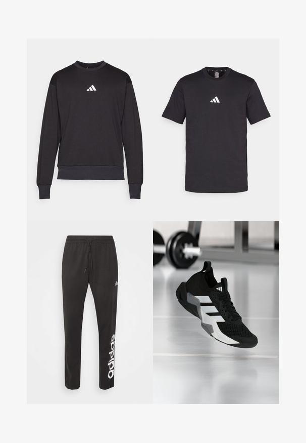 Sudadera negra con mangas largas, puños y dobladillo acanalados; presenta un logo blanco de Adidas en el pecho, fabricada en una suave tela texturizada.; Camiseta de algodón negra con mangas cortas, que presenta un logo blanco de Adidas en el pecho. Diseño clásico de cuello redondo.; Pantalones atléticos negros de mezcla de algodón, con una cinturilla elástica con cordón y el logo blanco de "adidas" impreso en la pierna izquierda.; Zapato deportivo negro con parte superior de malla, franjas blancas y detalles grises. Cuenta con un cuello acolchado y suela de goma. Adecuado para usar en el gimnasio.