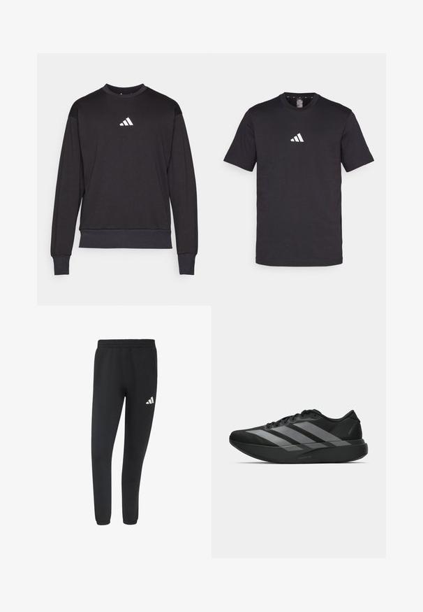 Zwarte sweatshirt met lange mouwen, geribbelde manchetten en zoom; voorzien van een wit Adidas-logo op de borst, gemaakt van zachte, gestructureerde stof.; Zwarte katoenen T-shirt met korte mouwen, voorzien van een wit Adidas-logo op de borst. Klassiek ontwerp met ronde hals.; Zwarte atletische joggerbroek met elastische tailleband en boorden, met een klein wit Adidas-logo op de rechterdij.; Zwarte sportieve schoenen met een lichtgewicht ontwerp, voorzien van drie opvallende grijze strepen, een gladde textuur en een gevormde zool.