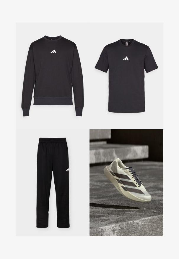 Čierna mikina s dlhými rukávmi, rebrovanými manžetami a lemom; na hrudi sa nachádza biele logo Adidas, vyrobená z mäkkej, textúrovanej tkaniny.; Čierne bavlnené tričko s krátkymi rukávmi, s bielym logom Adidas na hrudi. Klasický dizajn s okrúhlym výstrihom.; Čierne športové nohavice s elastickým pásom a bielym logom Adidas na pravom stehne na jednoduchom pozadí.; Svetlobéžová a čierna bežecká obuv Adidas Adizero levitujúca nad textúrovaným betónovým povrchom s kamennými schodiskami v pozadí.