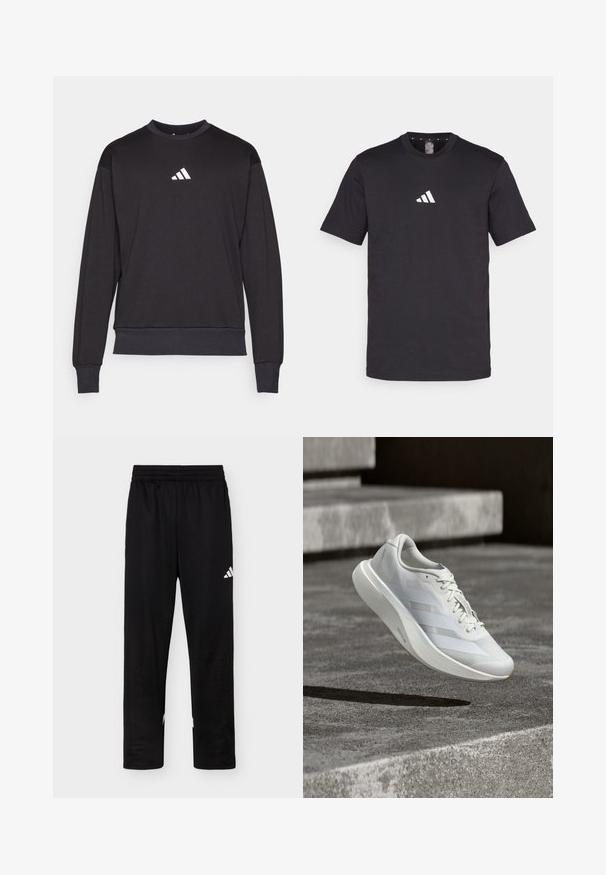 Schwarzer Pullover mit langen Ärmeln, gerippten Bündchen und Saum; verfügt über ein weißes Adidas-Logo auf der Brust und besteht aus weichem, strukturiertem Material.; Schwarzes Baumwoll-T-Shirt mit kurzen Ärmeln, das ein weißes Adidas-Logo auf der Brust zeigt. Klassisches Rundhalsdesign.; Schwarze Sporthose mit elastischem Bund und weißem Adidas-Logo am rechten Oberschenkel vor einfachem Hintergrund.; Weißer Sportschuh mit Mesh-Obermaterial, drei seitlichen Streifen, flexibler Sohle und minimalistischem Design, schwebend über einer grauen Betonfläche.