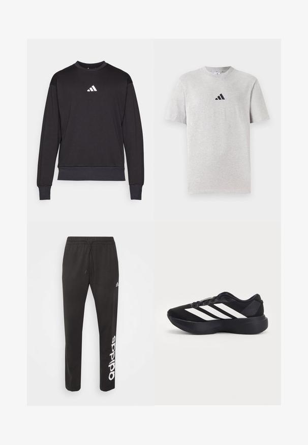 Sudadera negra con mangas largas, puños y dobladillo acanalados; presenta un logo blanco de Adidas en el pecho, fabricada en una suave tela texturizada.; Camiseta de algodón gris de manga corta, con cuello redondo, que presenta un pequeño logo negro de tres rayas en la parte superior izquierda del pecho.; Pantalones atléticos negros de mezcla de algodón, con una cinturilla elástica con cordón y el logo blanco de "adidas" impreso en la pierna izquierda.; Zapatilla de correr negra con suela gruesa y tres rayas diagonales blancas en el lateral, vista desde el lado exterior.