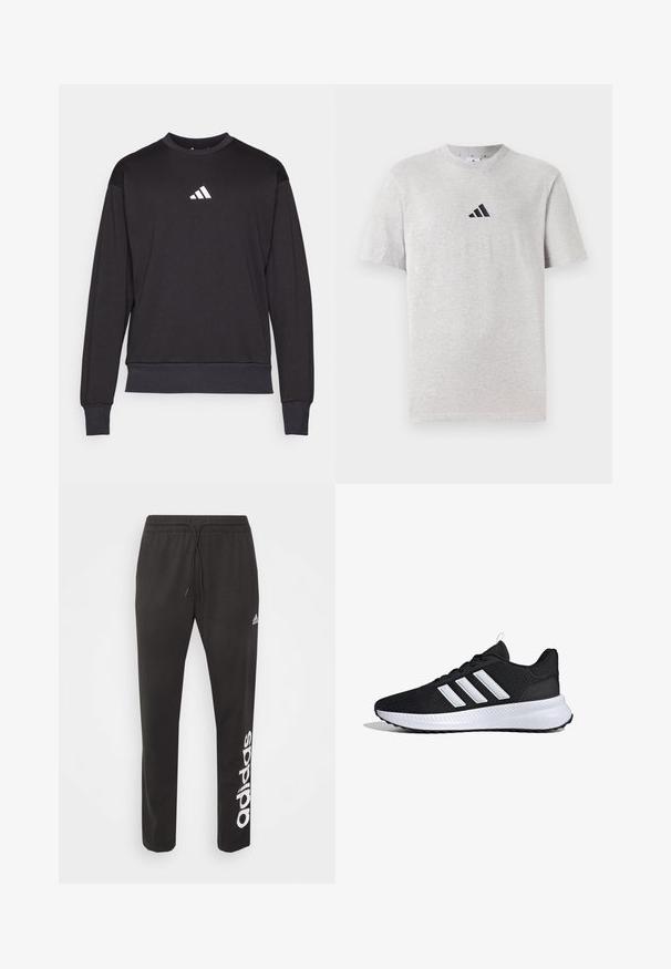 Sudadera negra con mangas largas, puños y dobladillo acanalados; presenta un logo blanco de Adidas en el pecho, fabricada en una suave tela texturizada.; Camiseta de algodón gris de manga corta, con cuello redondo, que presenta un pequeño logo negro de tres rayas en la parte superior izquierda del pecho.; Pantalones atléticos negros de mezcla de algodón, con una cinturilla elástica con cordón y el logo blanco de "adidas" impreso en la pierna izquierda.; Zapatilla deportiva negra con suela blanca y tres rayas blancas en el lateral, vista desde el lado exterior.