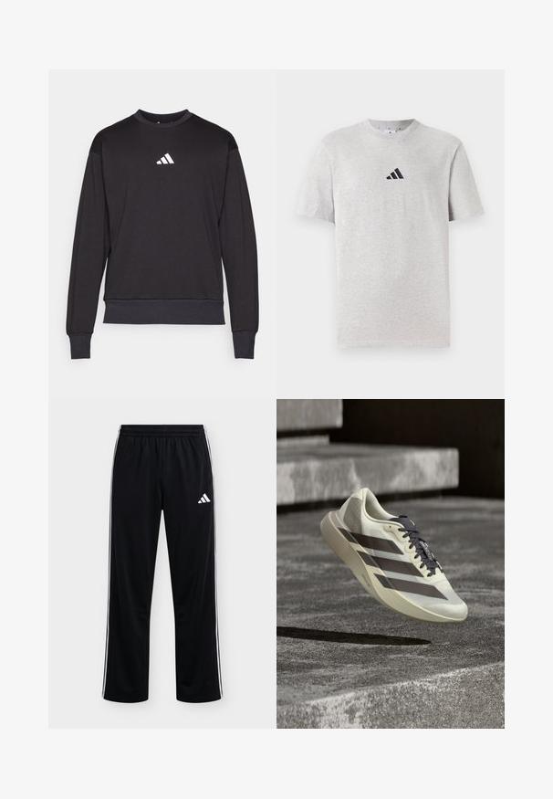 Čierna mikina s dlhými rukávmi, rebrovanými manžetami a lemom; na hrudi sa nachádza biele logo Adidas, vyrobená z mäkkej, textúrovanej tkaniny.; Šedé bavlnené tričko s krátkymi rukávmi a okrúhlym výstrihom, s malým čiernym logom so tromi pruhmi na hornej ľaviej strane hrude.; Čierne Adidas tepláky s bielymi bočnými pásmi a logom na hornej ľavej stehne, elastický pás, rovný strih nohavíc.; Svetlobéžová a čierna bežecká obuv Adidas Adizero levitujúca nad textúrovaným betónovým povrchom s kamennými schodiskami v pozadí.