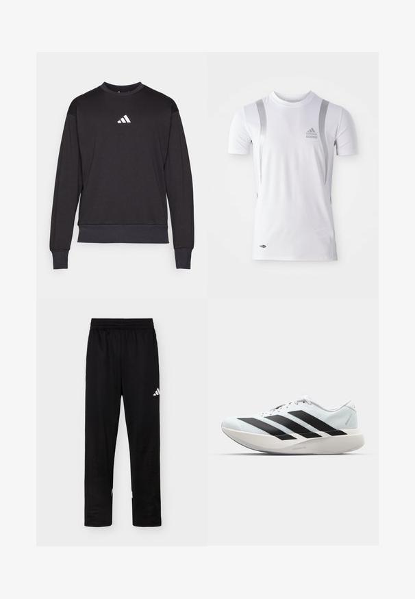 Čierna mikina s dlhými rukávmi, rebrovanými manžetami a lemom; na hrudi sa nachádza biele logo Adidas, vyrobená z mäkkej, textúrovanej tkaniny.; Biely športový dres s krátkym rukávom so striebornými akcentmi, s okrúhlym výstrihom a logom Adidas na hrudi. Vyrobený z materiálu odvádzajúceho vlhkosť.; Čierne športové nohavice s elastickým pásom a bielym logom Adidas na pravom stehne na jednoduchom pozadí.; Biela bežecká topánka s tromi veľkými čiernymi pruhmi na boku a hrubou zakrivenou podrážkou označenou Lightstrike Pro.