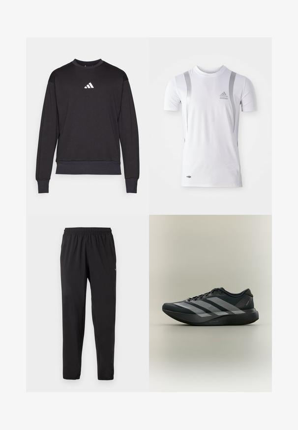 Čierna mikina s dlhými rukávmi, rebrovanými manžetami a lemom; na hrudi sa nachádza biele logo Adidas, vyrobená z mäkkej, textúrovanej tkaniny.; Biely športový dres s krátkym rukávom so striebornými akcentmi, s okrúhlym výstrihom a logom Adidas na hrudi. Vyrobený z materiálu odvádzajúceho vlhkosť.; Čierne športové nohavice s elastickým pásom a lemami, nenápadné logo na ľavom hornom stehne, rovný strih nohavíc.; Čierna bežecká obuv s tromi sivými pruhmi na boku a hrubou polstrovanou podrážkou, zobrazená z profilu na jednoliatom pozadí.