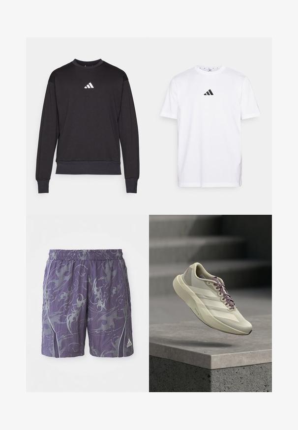 Sort sweatshirt med lange ærmer, ribbede manchetter og kant; har et hvidt Adidas-logo på brystet, fremstillet af blødt, tekstureret stof.; Hvid bomulds T-shirt med et lille sort trekantet logo på brystet, korte ærmer og rund halsudskæring. Enkel og klassisk design.; Lilla sports shorts med abstrakte sølv mønstre, elastisk talje, sidelister og Adidas-logo på nederste højre ben.; Lys beige sneaker med tekstureret mesh-overside, lilla snørebånd, tre hvide side-striber og en polstret sål; svæver over en grå overflade.
