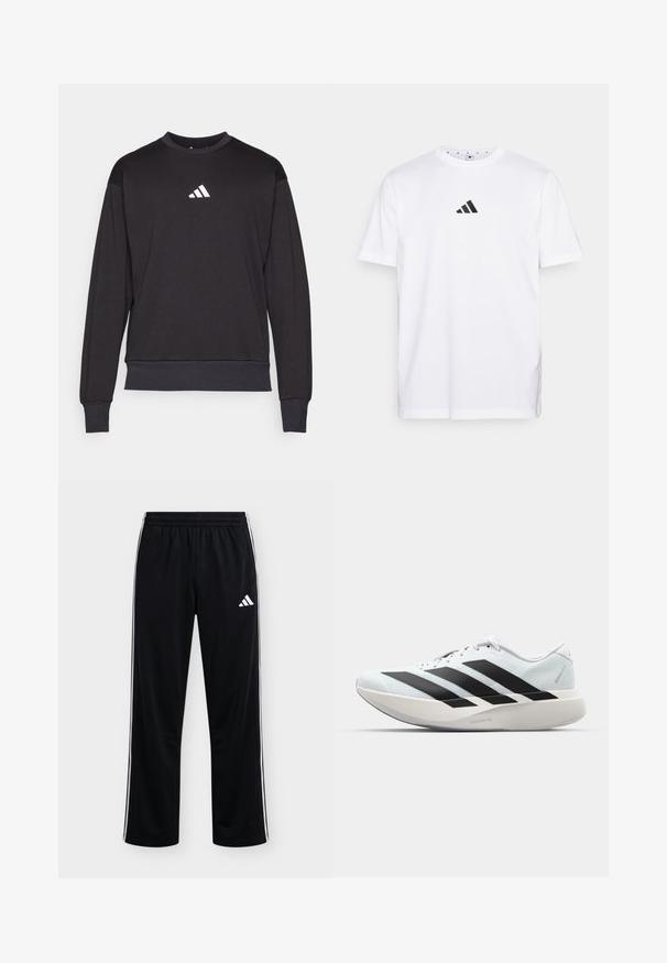 Čierna mikina s dlhými rukávmi, rebrovanými manžetami a lemom; na hrudi sa nachádza biele logo Adidas, vyrobená z mäkkej, textúrovanej tkaniny.; Biela bavlnená tričko s malým čiernym trojuholníkovým logom na hrudi, krátkymi rukávmi a okrúhlym výstrihom. Jednoduchý a klasický dizajn.; Čierne Adidas tepláky s bielymi bočnými pásmi a logom na hornej ľavej stehne, elastický pás, rovný strih nohavíc.; Biela bežecká topánka s tromi veľkými čiernymi pruhmi na boku a hrubou zakrivenou podrážkou označenou Lightstrike Pro.