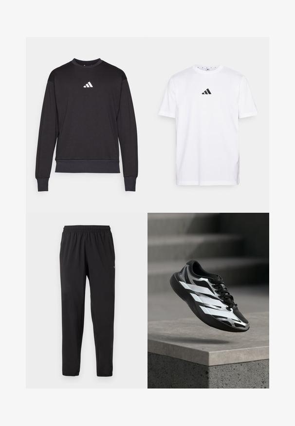 Zwarte sweatshirt met lange mouwen, geribbelde manchetten en zoom; voorzien van een wit Adidas-logo op de borst, gemaakt van zachte, gestructureerde stof.; Witte katoenen T-shirt met een klein zwart driehoekig logo op de borst, korte mouwen en een ronde halslijn. Eenvoudig en klassiek ontwerp.; Zwarte sportbroek met elastische tailleband en boorden, subtiel logo op de bovenste linker dij, rechte pijp pasvorm.; Zwart-zilveren sportschoen met witte strepen in de lucht boven een betonnen richel, trap treden wazig op de achtergrond.