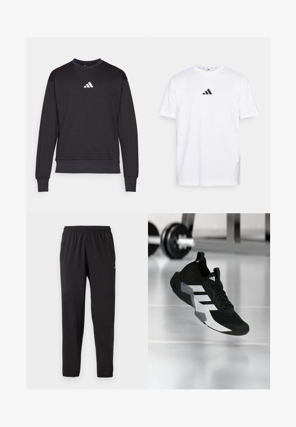 Zwarte sweatshirt met lange mouwen, geribbelde manchetten en zoom; voorzien van een wit Adidas-logo op de borst, gemaakt van zachte, gestructureerde stof.; Witte katoenen T-shirt met een klein zwart driehoekig logo op de borst, korte mouwen en een ronde halslijn. Eenvoudig en klassiek ontwerp.; Zwarte sportbroek met elastische tailleband en boorden, subtiel logo op de bovenste linker dij, rechte pijp pasvorm.; Zwart sportief schoen met een mesh bovenwerk, witte strepen en grijze accenten. Voorzien van een gevoerde kraag en een rubberen zool. Geschikt voor gebruik in de sportschool.