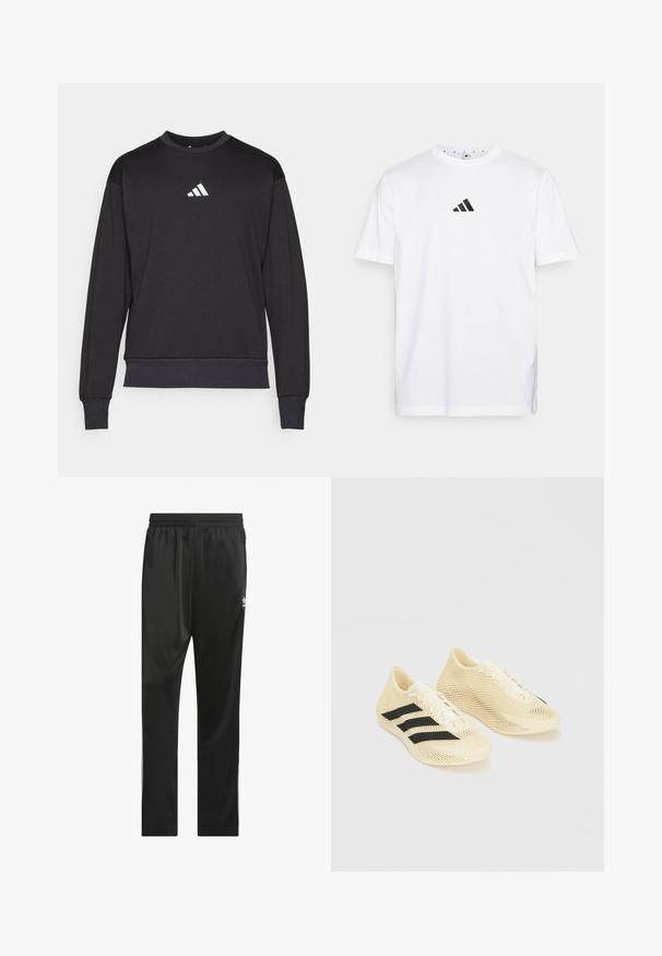 Čierna mikina s dlhými rukávmi, rebrovanými manžetami a lemom; na hrudi sa nachádza biele logo Adidas, vyrobená z mäkkej, textúrovanej tkaniny.; Biela bavlnená tričko s malým čiernym trojuholníkovým logom na hrudi, krátkymi rukávmi a okrúhlym výstrihom. Jednoduchý a klasický dizajn.; Čierne športové nohavice vyrobené z hladkého, ľahkého materiálu. Obsahujú elastický pás a biele bočné pruhy s logom na stehne.; Svetlo béžové športové topánky s čiernymi pruhmi, šnurovaním a textúrovaným vlnitým vzorom na bielom pozadí.