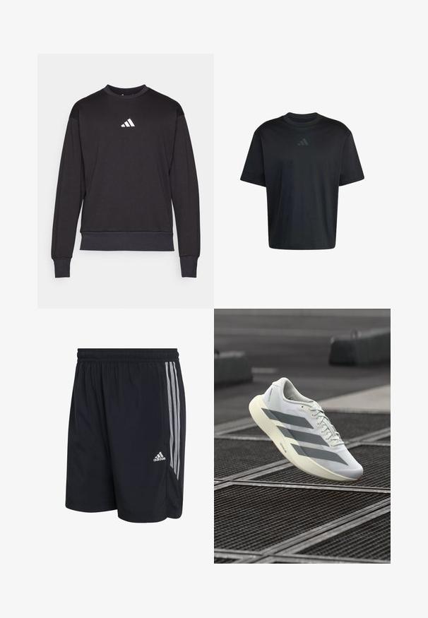 Sudadera negra con mangas largas, puños y dobladillo acanalados; presenta un logo blanco de Adidas en el pecho, fabricada en una suave tela texturizada.; Camiseta negra de manga corta con cuello redondo y un logo sutil de Adidas en gris oscuro centrado en el pecho.; Pantalones cortos deportivos negros con cintura elástica, que presentan tres franjas verticales blancas a los lados y un logo de Adidas en el dobladillo inferior.; Zapato deportivo blanco con una parte superior de malla texturizada, con rayas grises y una suela acolchonada. Diseño ligero adecuado para correr.