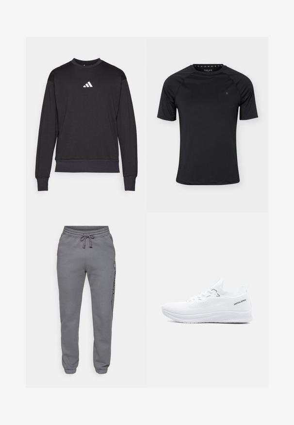 Must zwart sweatshirt pikäste varrukatega, sooniküsad ja päär; esiküljel on valge Adidas logo, mis on valmistatud pehmest, tekstureeritud kangast.; Must sportlik lühikeste varrukatega t-särk ümmarguse kaelusega ja väike logo vasakul rinnal, esitatud lihtsal heledal taustal.; Champion ICONS ELASTIC-CUFF SLIM FIT - Dresside alumine osa - foggy; Valge madala lõikega kudumjalats tekstuurse tallaga, ees paelu ja "JACK & JONES" logo kanna korraribal.