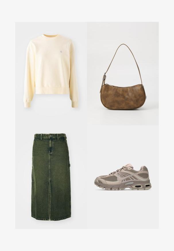 Lys gul sweatshirt med lange ærmer, rund halsudskæring, ribbede manchetter og et lille logo på brystet. Fremstillet af blødt, struktureret stof.; Grøn denimnederdel med mellemlangt snit, frontslids, knaplukning og bæltestropper. Dens struktur er let falmet, med sidelommer.; Beige sportssko med mesh-overdel, formede detaljer, rund tå og synlig luftdækning i sålen. Snørebånd i neutral farve.; Brun faux læder skuldertaske med en buet form, en enkelt strop, kontrasterende syninger og en lynlåslukning langs den øverste kant.