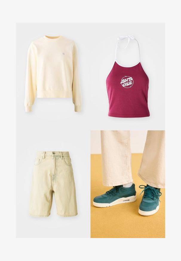Lys gul sweatshirt med lange ærmer, rund halsudskæring, ribbede manchetter og et lille logo på brystet. Fremstillet af blødt, struktureret stof.; Mørkerød halterneck crop top med hvidt trim, prydet med et cirkulært logo med "Santa Cruz" i hvidt, lavet af ribbet bomuldsmateriale.; Lys gule denim shorts med høj talje, der har bæltestropper, frontknaplukning og sidelommer. Glat tekstur og lige snit.; Teal sneakers med teksturerede overlays, glatte sider og hvide gummisåler. Parret med cremede brede bukser på en gul overflade.