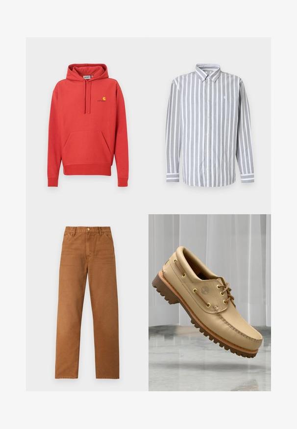 Sweat à capuche rouge avec cordon de serrage, poche kangourou, poignets côtelés et logo jaune sur la poitrine. Fabriqué en tissu doux avec une texture lisse.; Chemise pour homme à boutons avec rayures verticales grises et blanches, manches longues, et petit logo sur la poitrine. Tissu en coton, col classique.; Pantalon marron à jambes droites avec passants de ceinture, poches avant et fermeture à bouton, présenté sur un fond clair uni.; Chaussure bateau en cuir marron clair avec semelle épaisse et striée et détails de lacets, flottant au-dessus d'un sol en marbre et d'un fond de stores verticaux blancs.
