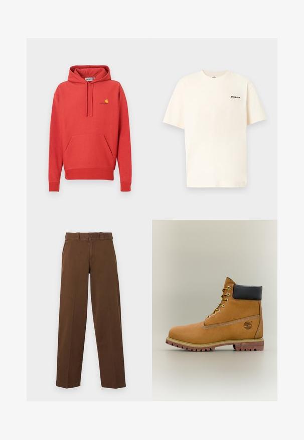 Sweat à capuche rouge avec cordon de serrage, poche kangourou, poignets côtelés et logo jaune sur la poitrine. Fabriqué en tissu doux avec une texture lisse.; T-shirt en coton de couleur crème avec manches courtes, arborant un petit logo noir "Dickies" sur le côté gauche de la poitrine. Coupe simple et décontractée.; Pantalon marron à jambes droites avec fermeture à boutons et zip, passants pour ceinture et poches latérales, présenté sur un fond clair.; Bottine en cuir marron avec col noir, lacets jaunes et semelle beige. Présente un logo et des détails de couture blanche. Semelle extérieure à traction robuste.