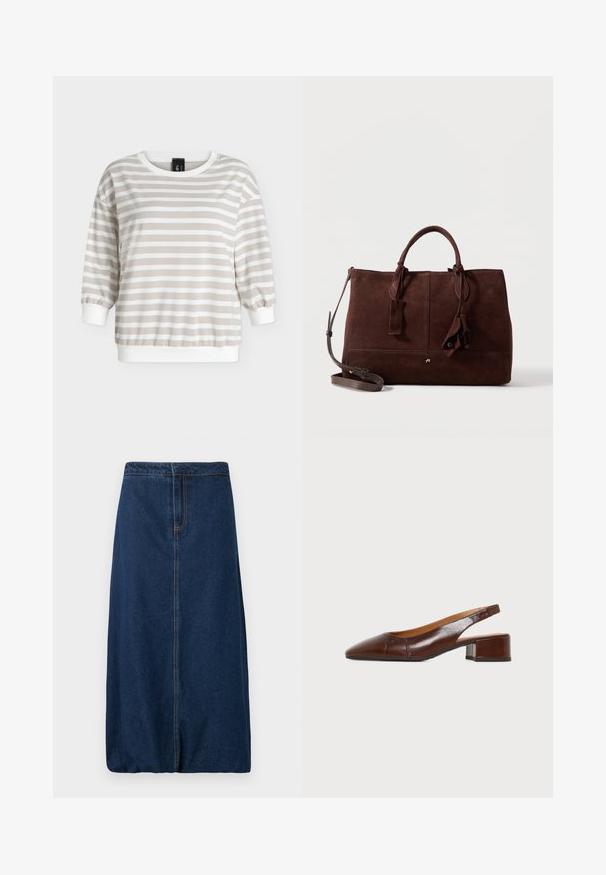 Chemise à manches longues rayée horizontale beige et blanche avec poignets, col et ourlet côtelés blancs sur un fond uni.; Jupe droite en denim bleu foncé avec couture à l'avant et ceinture, longueur genou, sans poches ni boutons visibles, design sobre.; Chaussure slingback pour femme en cuir marron avec bout pointu et petit talon bloc sur fond gris clair.; Sac à main en daim marron foncé avec doubles poignées, bandoulière amovible, détails cousus et pompons décoratifs en cuir sur fond blanc.
