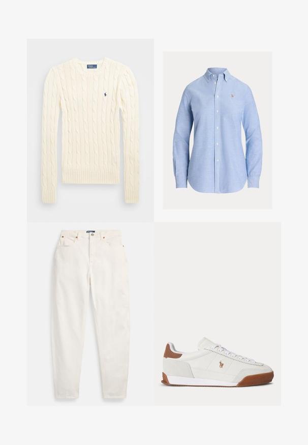 Cremefarvet kabelstrikket sweater med lange ærmer, ribbede manchetter og kant, med et lille broderet logo på venstre bryst.; Lyseblå skjorte med lange ærmer og knapper, med knappelukket krave og lille broderet logo på venstre bryst.; Hvide høj-taljede jeans med lige ben, foran knap og lynlås, fem-lommer design og Polo mærkeetiket på linningen.; Hvid sneaker med lavt skaft med brune ruskindsdetaljer ved hæl og tå, hvide snørebånd og et lille brunt broderet logo på siden.