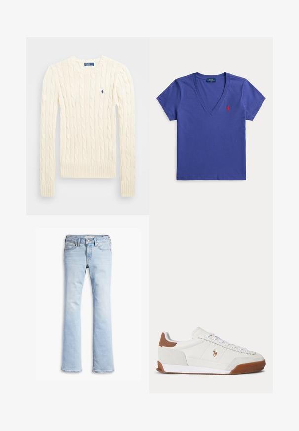 Cremefarvet kabelstrikket sweater med lange ærmer, ribbede manchetter og kant, med et lille broderet logo på venstre bryst.; Kortærmet blå V-hals T-shirt med lille rødt broderet logo på venstre bryst og Polo Ralph Lauren mærke inde i kraven.; Lysblå denimjeans med en tætsiddende talje, frontknap og lynlås, front- og baglommer samt let flagrende ben.; Hvid sneaker med lavt skaft med brune ruskindsdetaljer ved hæl og tå, hvide snørebånd og et lille brunt broderet logo på siden.