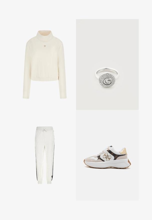 Guess Sweatshirt - crema; Guess JOGGING -PRÄGELOGO - Jogginghose - weiß; Sneakers mit einem Obermaterial aus weißem Leder, braunen Wildlederakzenten, einem goldenen Logo und einer dicken weißen Sohle. Verfügt über Schnürverschlüsse und eine strukturierte Außensohle.; Silberner Ring mit rundem Gesicht, das in der Mitte ein erhabenes "G" zeigt, umgeben von zwei Reihen kleiner klarer Kristalle.