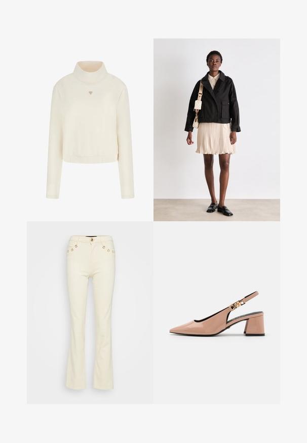 Guess Sweatshirt - crema; Aus geblendetem Baumwollstoff gefertigte, ausgestellte cremefarbene Jeans mit goldfarbenen Knopfakzenten und Fronttaschen, ausgestattet mit einer glatten Textur und einer taillierten Passform.; Slingback-High Heel mit spitz zulaufender Kappe aus glänzendem nudefarbenem Lackleder, mit einem mittelhohen Blockabsatz und goldfarbener Hardware-Applikation am Riemen.; Schwarze cropped Jacke mit Kragen und zwei Taschen, kombiniert mit einem beigefarbenen, plissierten Kleid. Auch schwarze Mokkasins und eine kleine, leichte Tasche sind vorhanden.