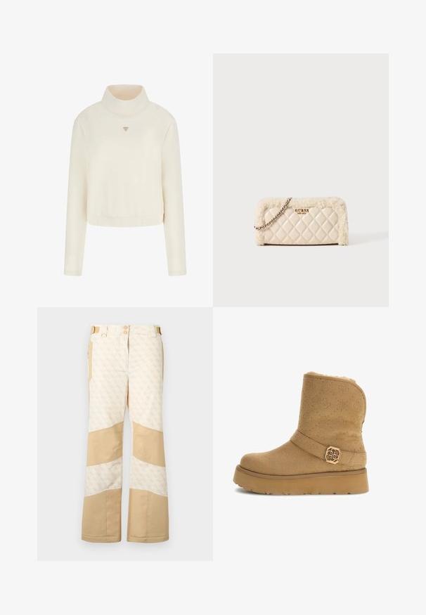 Guess Sweater - crema; Beige sneeuwbroeken met een patroon en effen kleuraccenten. Voorzien van twee knopen, meerdere zakken en een brede pijp. Textuurafwerking.; Tan suède enkellaars met geperste patroon, bontvoering, brede band met gouden hexagonale hardware-accent en dikke platformzool.; Gequilted crèmekleurige handtas met bontaccenten, metalen kettinghengsel en geperst logo. Rechthoekige vorm met een zachte textuur en opvallende stiksels.