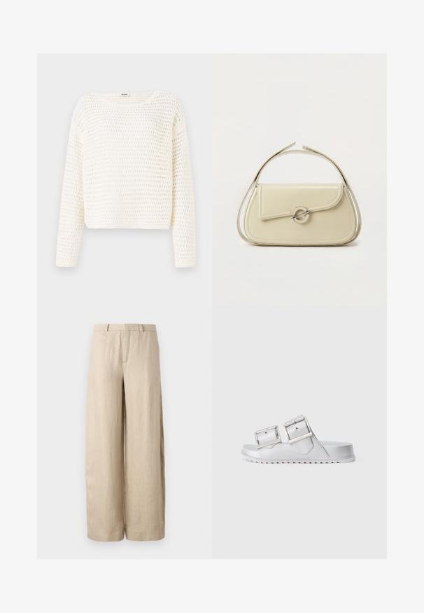 Witte, cropped trui met een losse, opengebreide textuur en lange mouwen. Heeft een brede halslijn en een ontspannen pasvorm.; Beige wijde linnen broek. Voorzien van een middenplooi, twee zijzakken en een tailleband met riemlussen. Gladde textuur.; Zilveren sandalen met twee brede verstelbare banden, een gestructureerd materiaal en een platte zool met een zigzagpatroon aan de onderkant.; Crème leren handtas met gebogen klep, ronde zilveren sluiting en korte bovenste handgreep op een effen witte achtergrond.