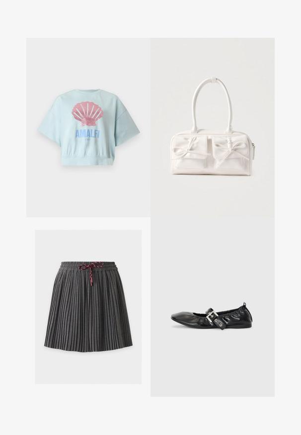Sweat-shirt court bleu clair à manches larges, avec un grand coquillage pailleté rose et le texte "AMALFI ITALY" sur le devant.; Jupe plissée gris foncé avec une taille élastique et un cordon bordeaux noué au centre devant.; Chaussure plate en cuir noir avec un nez pointu, des détails froncés autour de l'ouverture et un accent en boucle argentée sur la bride ajustable.; Sac à main synthétique blanc avec deux poches avant, chacune ornée d'un nœud noué. Texture lisse, anses arrondies et fermeture zippée.
