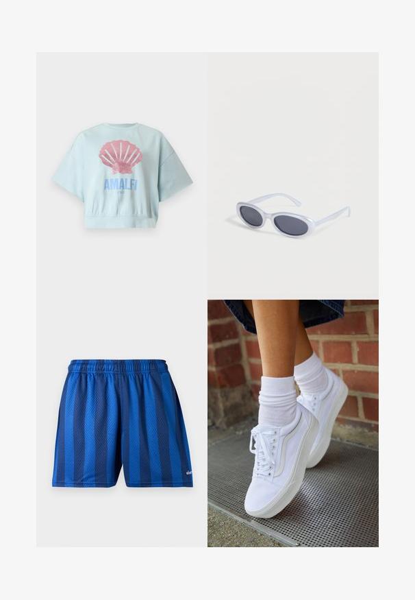 Sweat-shirt court bleu clair à manches larges, avec un grand coquillage pailleté rose et le texte "AMALFI ITALY" sur le devant.; Shorts de sport bleus avec des rayures verticales foncées et claires et une ceinture élastique en tissu maille respirant.; Baskets en toile blanches avec semelles en caoutchouc, dotées de six œillets, d'un bout rond et de détails de couture légers, portées avec des chaussettes blanches mi-mollet.; Lunettes de soleil ovales à monture blanche avec des verres teintés foncés reposant sur une surface blanche.