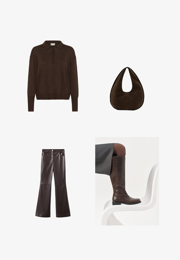 Brun strikket pullover med polo-krave, der har en knaplukning og ribbet manchetter og kant. Blød tekstur og afslappet pasform.; Brune flared bukser i imiteret læder med høj talje, forlommer og en glat tekstur samt diskrete sømdetaljer ved knæene.; Brun læder knæhøj støvle med afrundet tå, glat tekstur og minimale syningsdetaljer, sat mod en lys baggrund på en hvid stol.; Mørkebrun ruskind skuldertaske formet som en halvmåne med en bred rem og glat tekstur på en hvid baggrund.