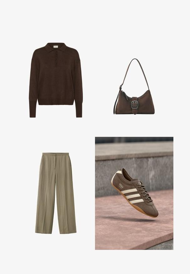 Brun strikket pullover med polo-krave, der har en knaplukning og ribbet manchetter og kant. Blød tekstur og afslappet pasform.; Lysebrune bukser med lige ben, flad front, sidelommer og skjult lynlåslukning foran.; Brun ruskindssneaker med hvide striber og branding, med rund tå og ydersål af gummibelagt gummi, hængende over en struktureret overflade.; Lille brun skuldertaske med sølvspænde og lynlås, med en enkelt strop til at bære.